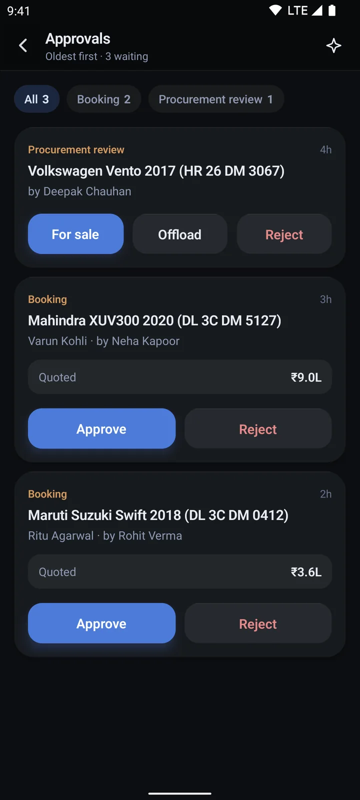 The owner's approvals screen in the app: a procurement review and two bookings, each with approve and reject buttons.
