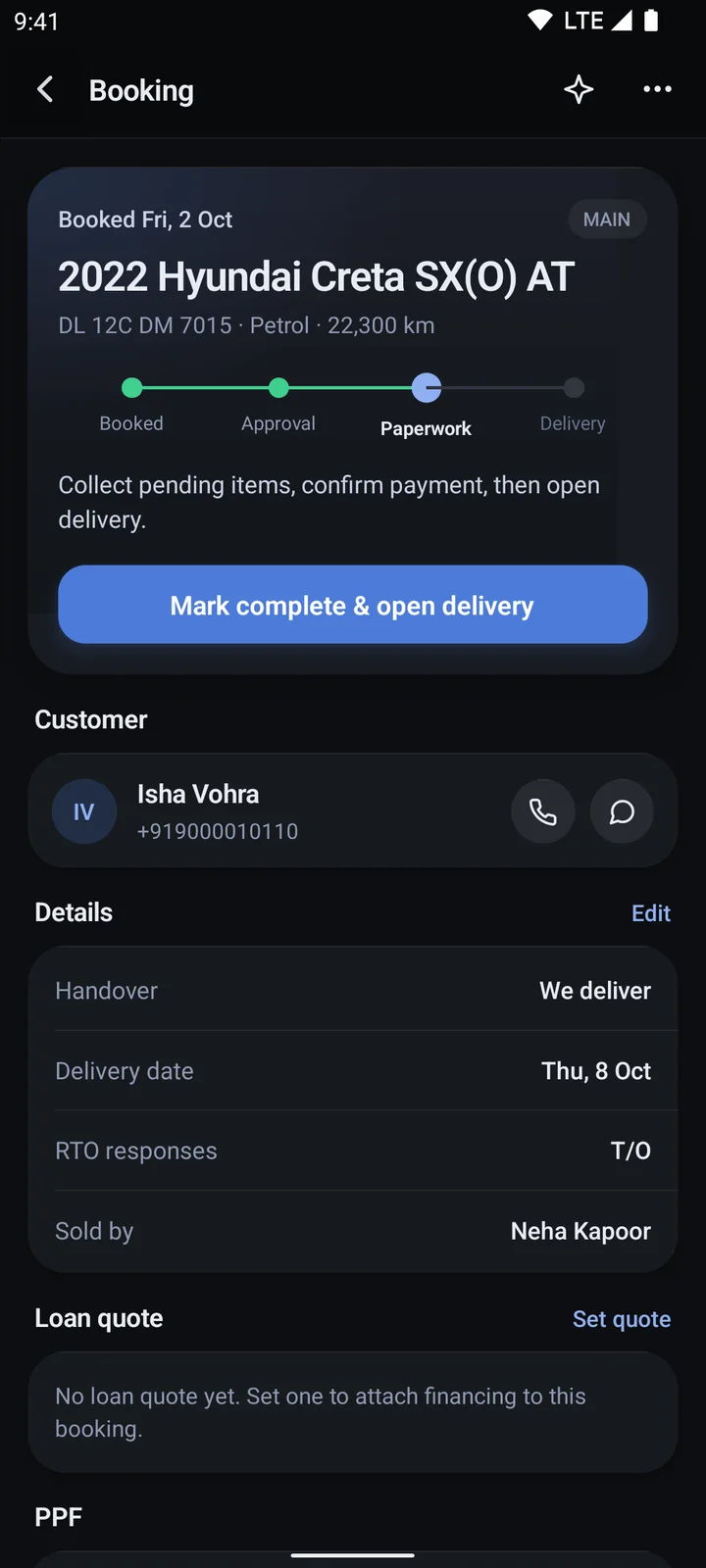 A booking's page in the app, showing its steps through to delivery.