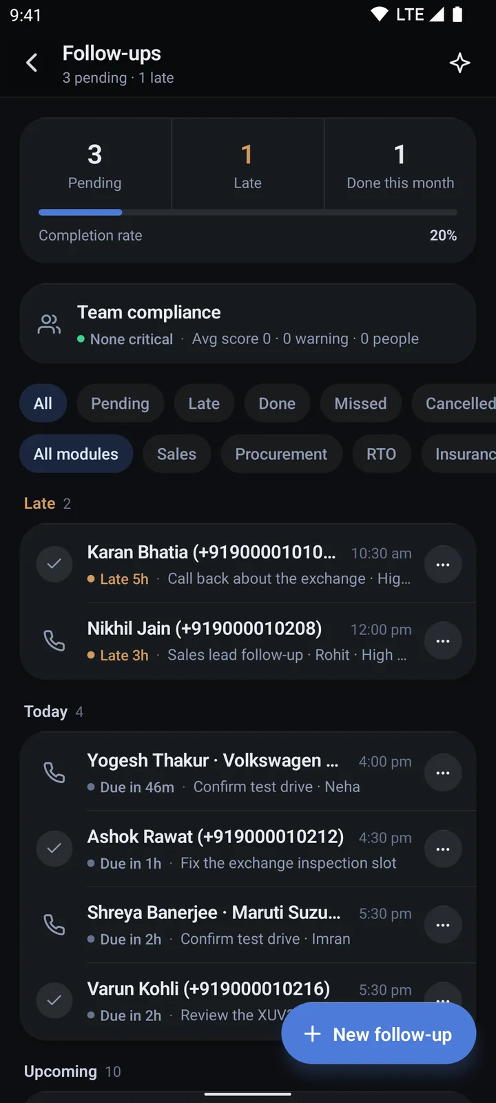 The follow-ups list in the app, with items marked due or late.