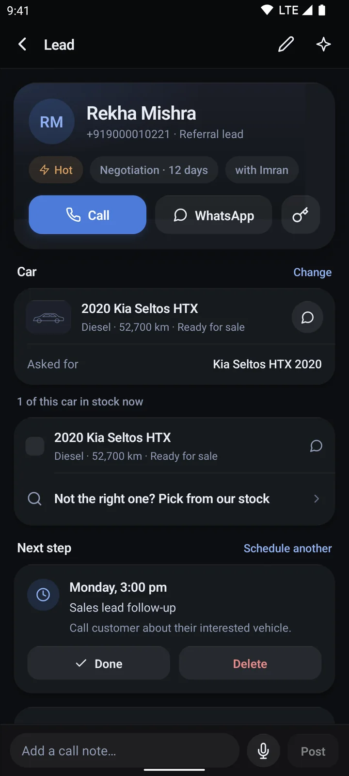 One lead's page, with call and WhatsApp buttons, the car the buyer asked for and the next step.