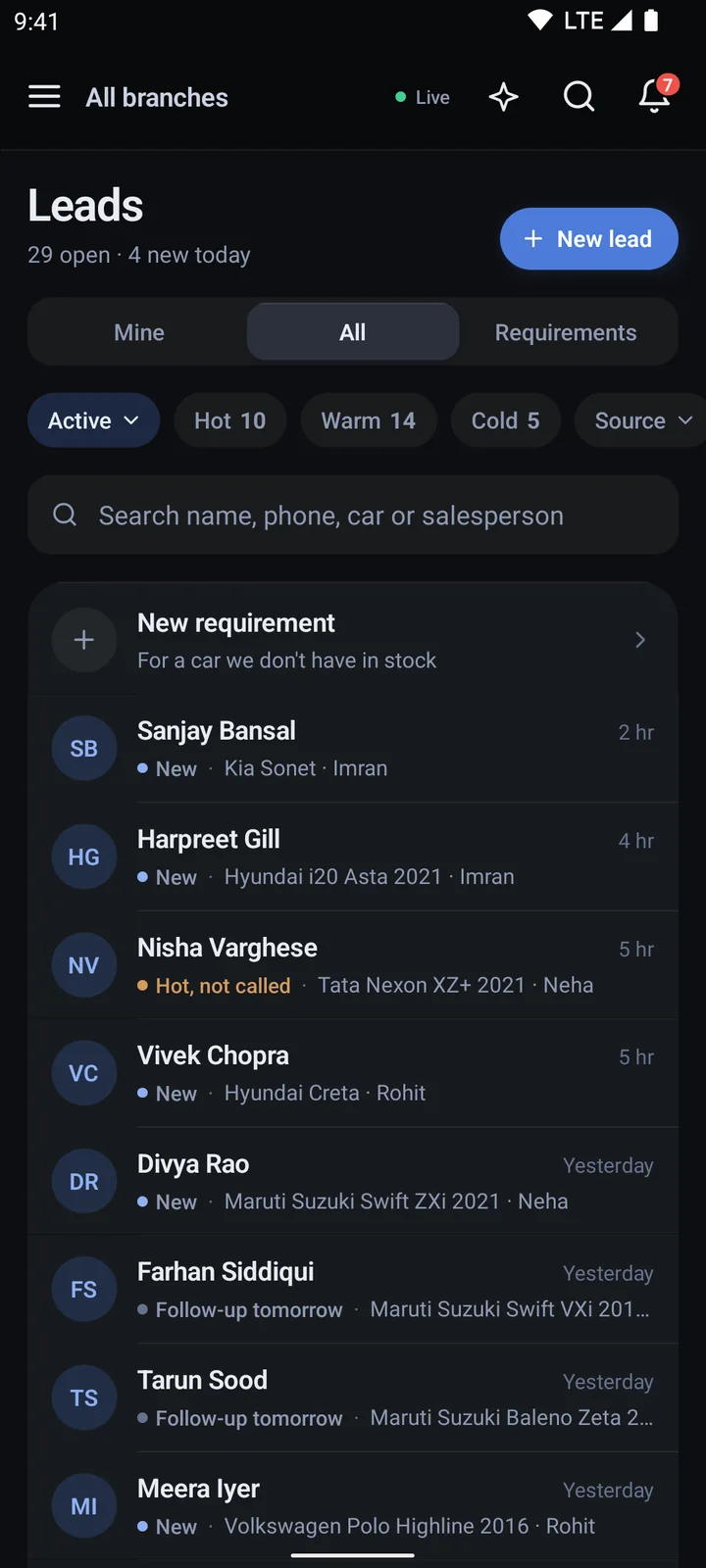 The lead list in the app, with filters above the list.