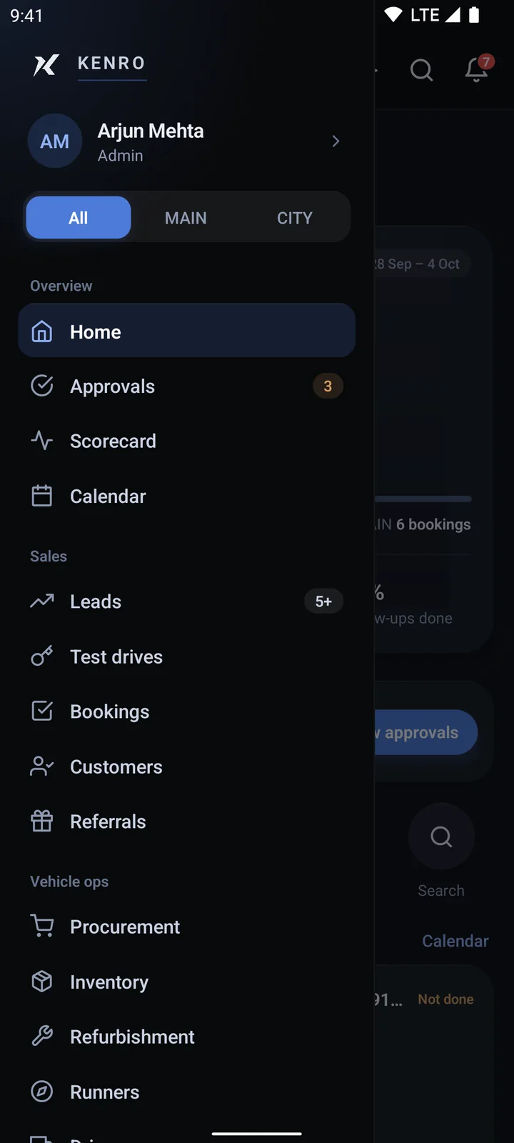 The app's side menu, listing every module.
