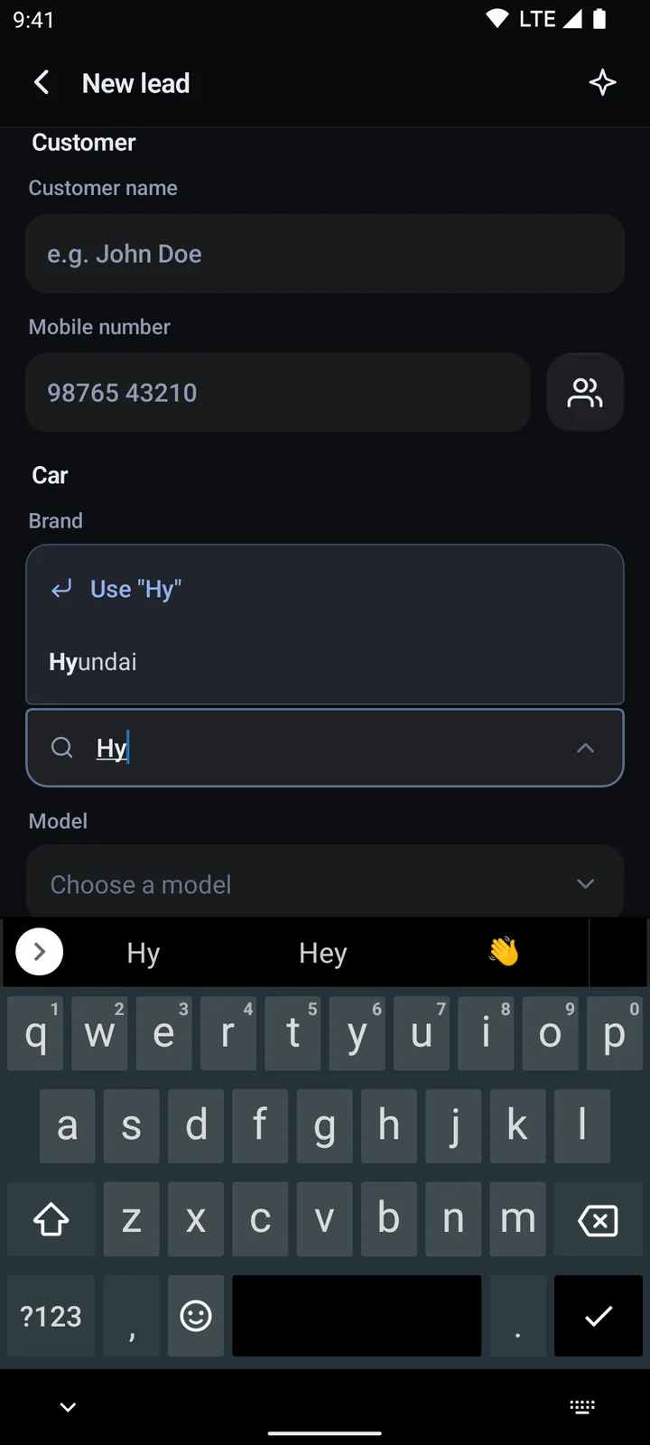The new lead form, with fields you can search or type into.