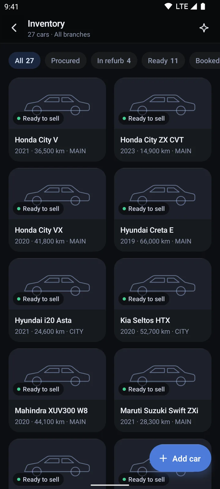 The stock list in the app: each car with its status, year, kilometres and branch, and filters for procured, in refurbishment, ready and booked.