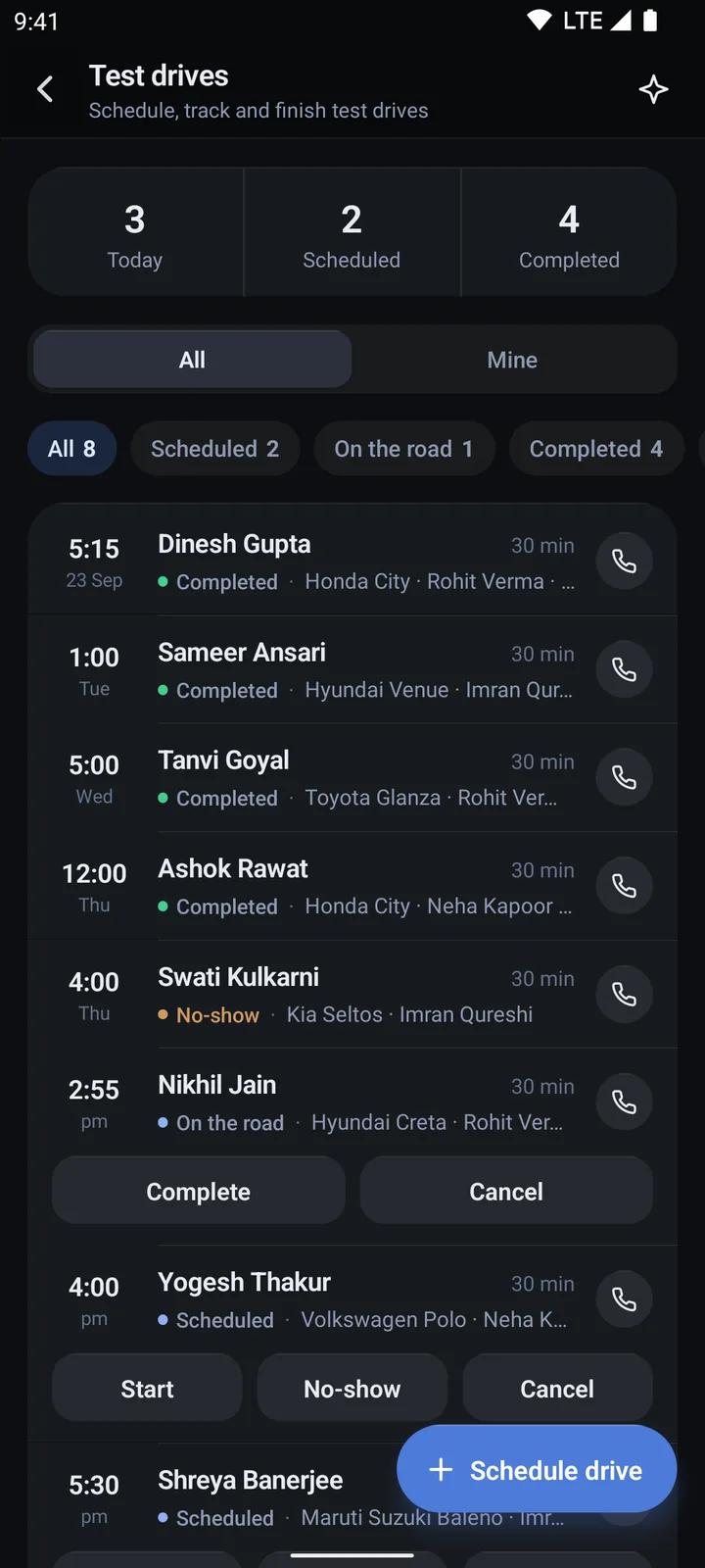 The test drives screen in the app: counts for today, scheduled and completed, and each drive with its time, car and salesperson.