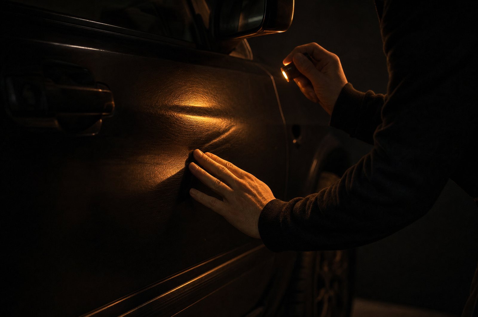 A buyer's hands check a used car's door panel by torchlight, the raking beam revealing a ripple in the paint.