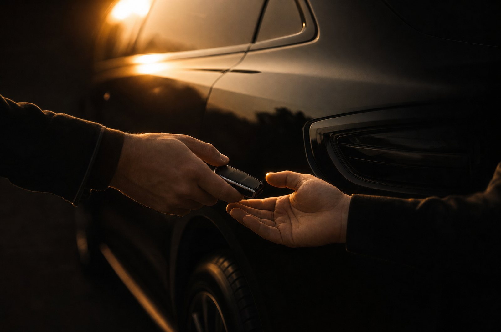 A car key passing from one hand to another beside a freshly detailed car at golden hour.