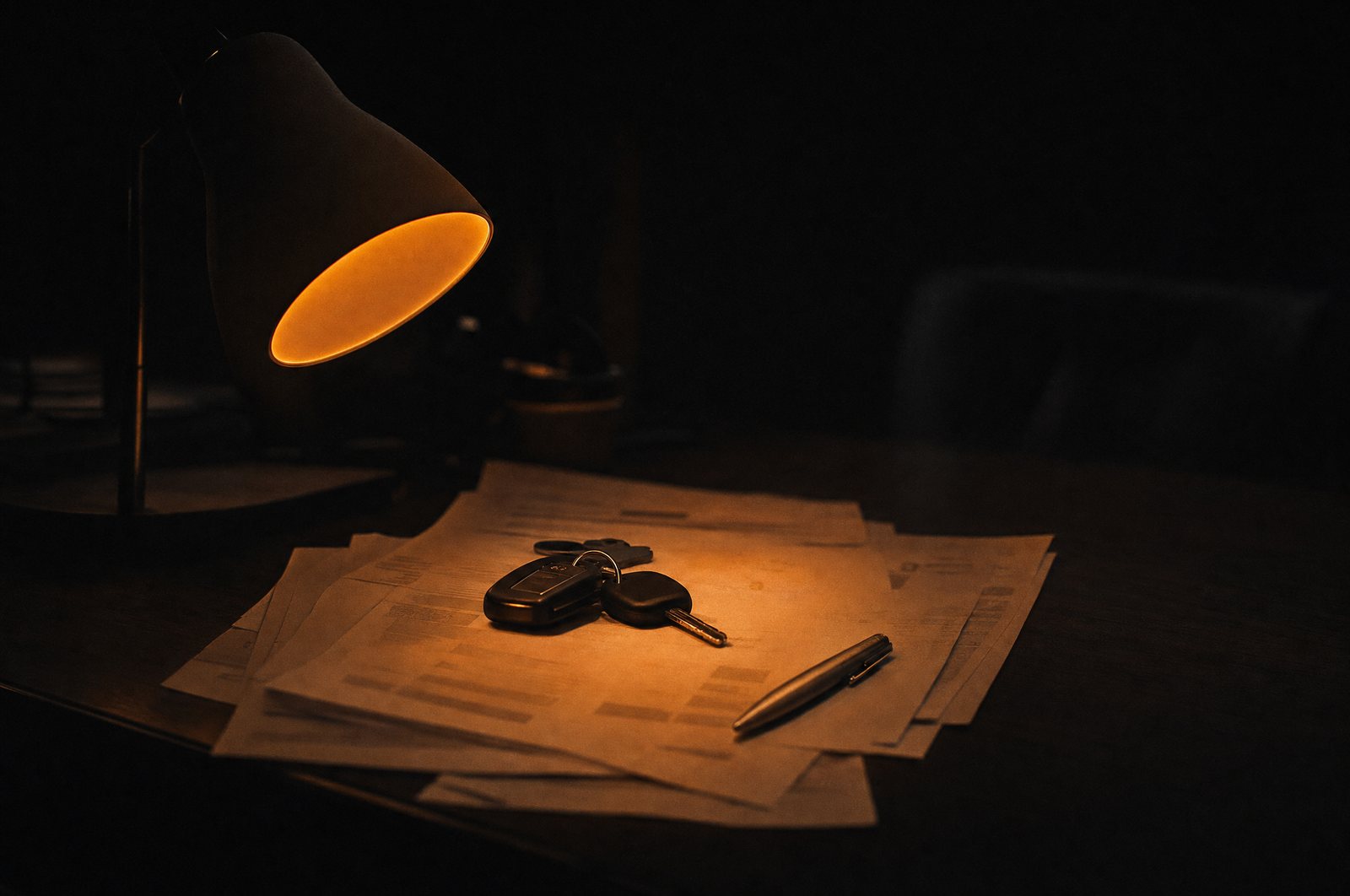 Car keys and a pen resting on a stack of printed forms under a desk lamp at night.