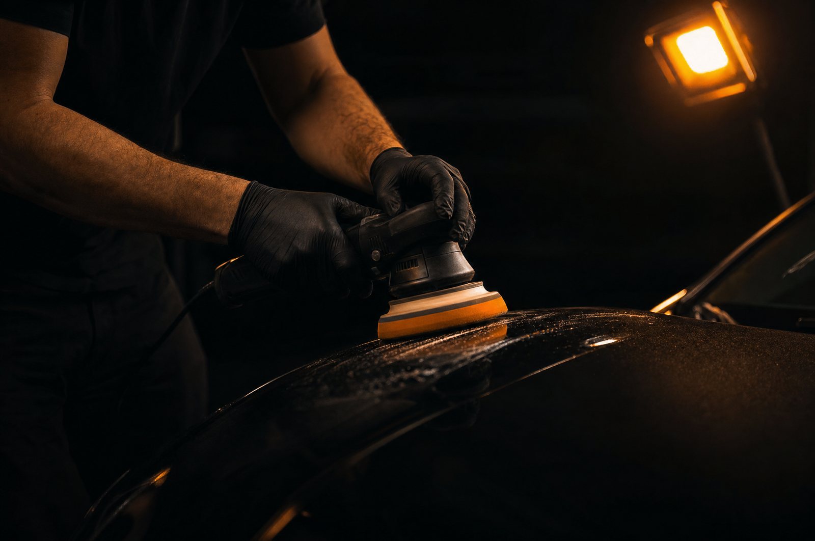A technician's gloved hands work a polisher across a dark bonnet under a single amber work light.