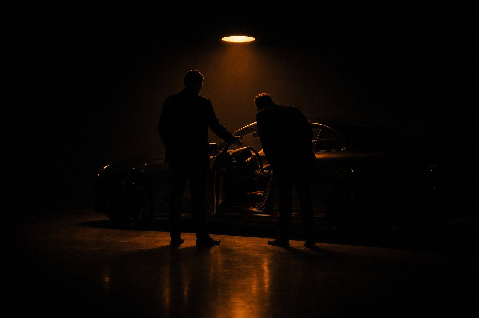 Two people stand in silhouette beside a car on a darkened showroom floor, one opening the driver's door.
